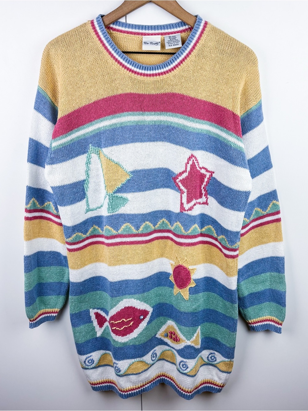 Vintage Coastal Fish Sailboat Nautical Striped Novelty Ocean Sea Tunic Sweater